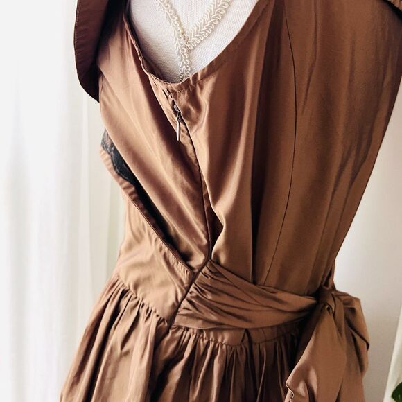 Newport News Brown Satin Fit & Flare Dress with Black Lace Collar Modest -Size 8 - Picture 6 of 8